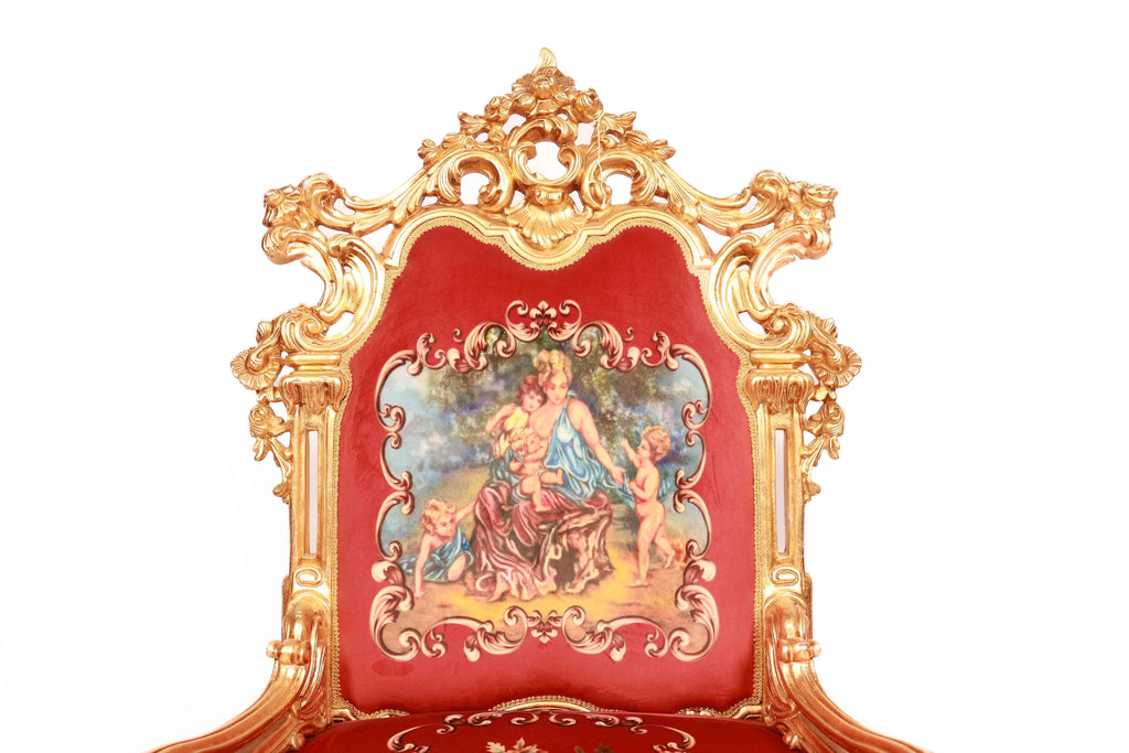 Decorative chair with gold frame and red backrest featuring classical painting