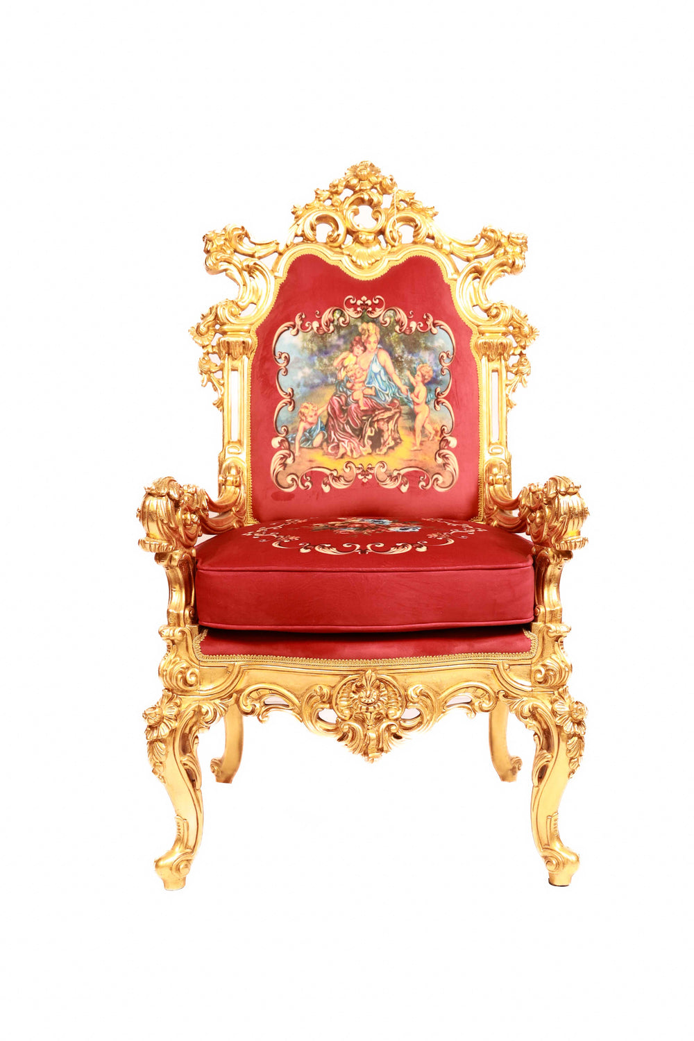 Decorative chair with gold frame and red cushion featuring a colorful design 