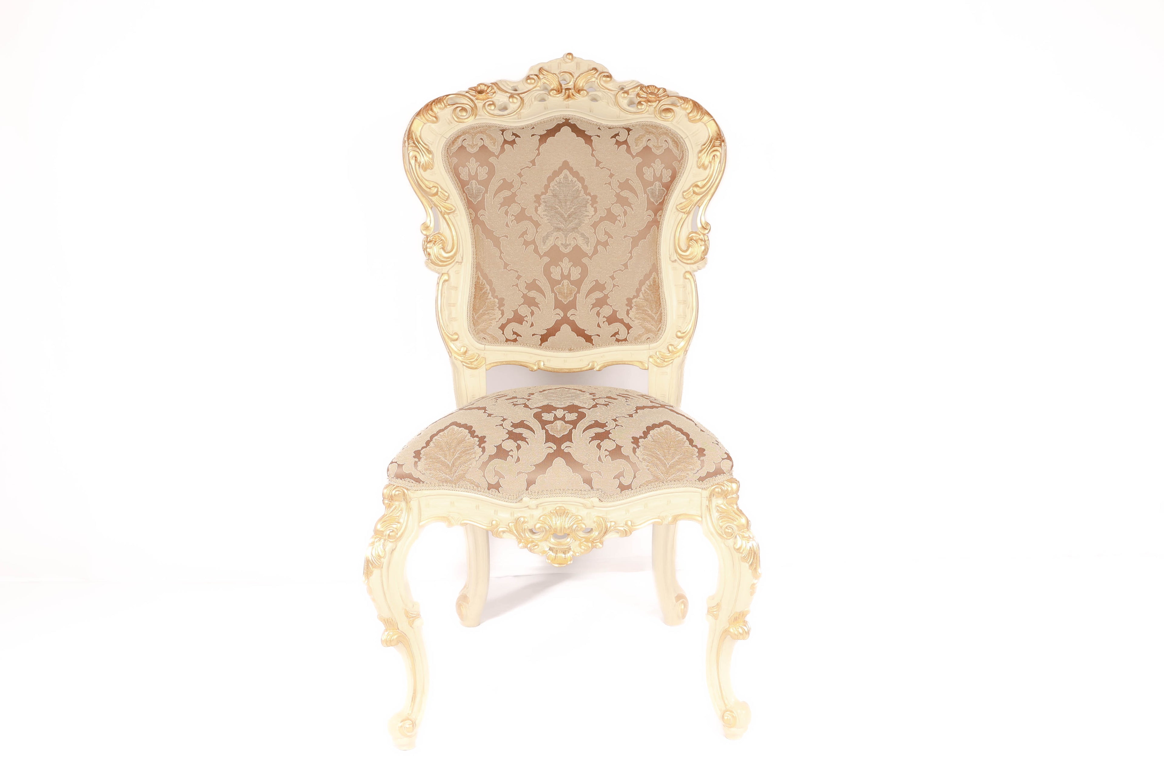 Decorative chair with intricate gold and beige pattern