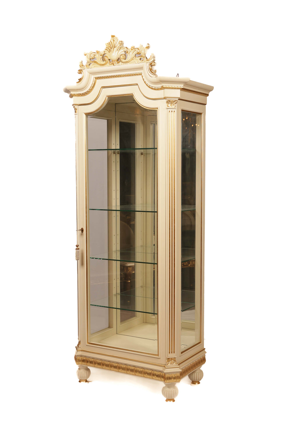 Decorative glass cabinet with ornate top 