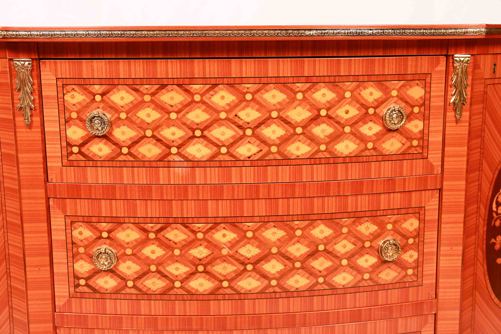 Wooden credenza with intricate marquetry design and gold accents