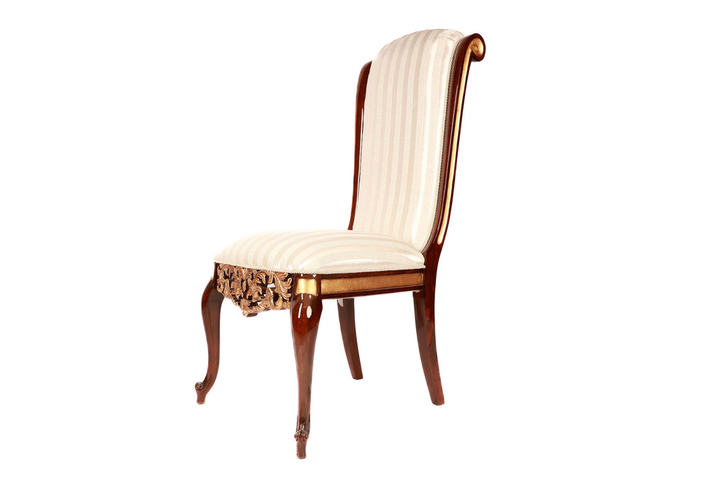 Decorative chair with wooden frame and white striped cushion 